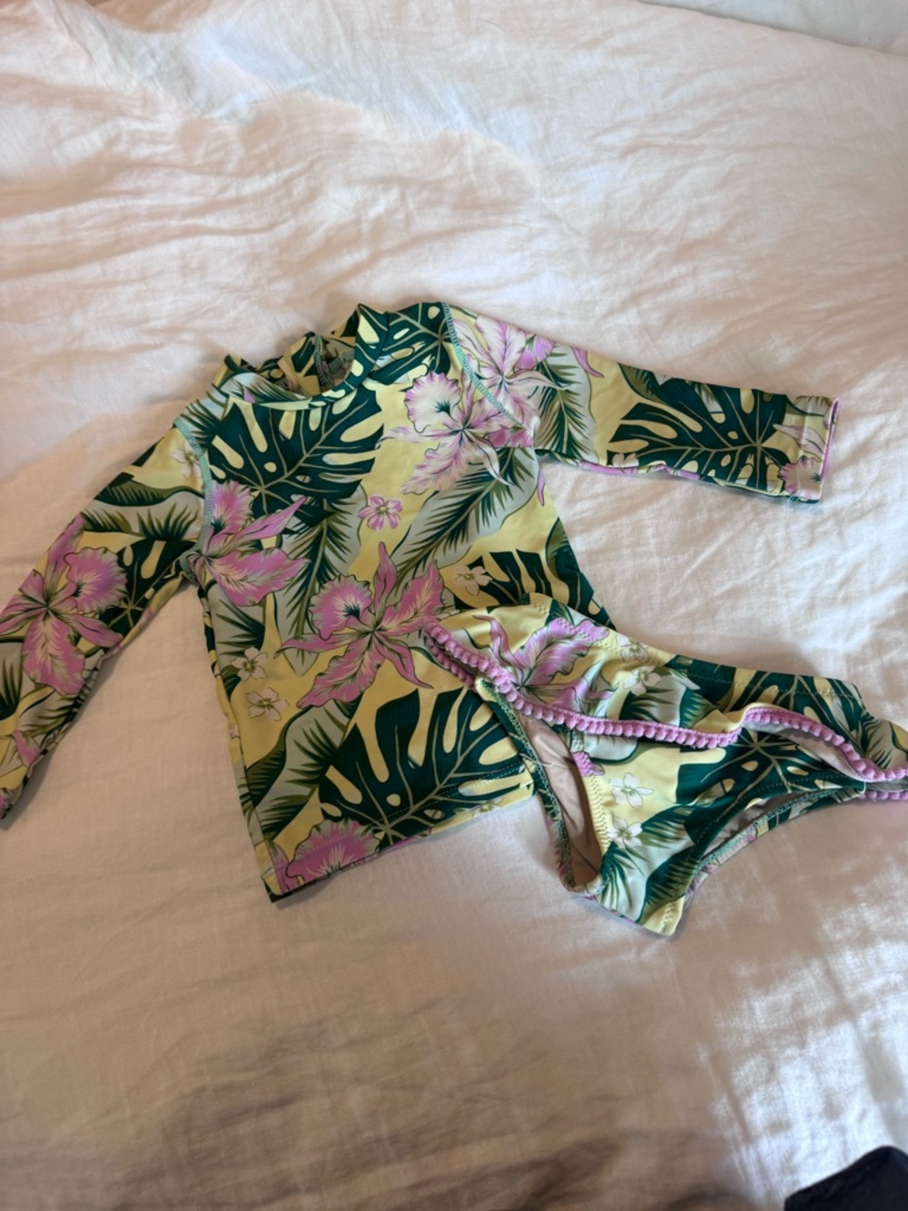 Girls Tropical Floral Long Sleeve Rashguard Set - Yellow, Green & Pink